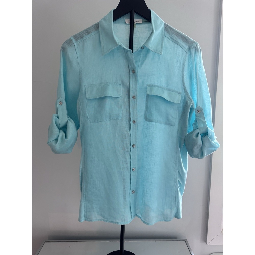 Calvin Klein Aqua Linen Blend Button Up Shirt Women's Small Coastal Minimalist